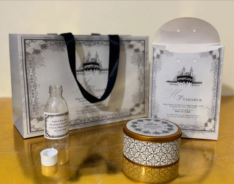 4-in-1 Set - Umrah / Hajj Tabarruk Packaging (with Medium Tin Box)
