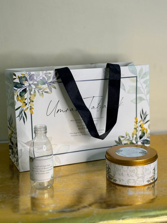 Large Green Floral Set ( with medium Tin Box)- Umrah / Hajj Tabarruk Packaging