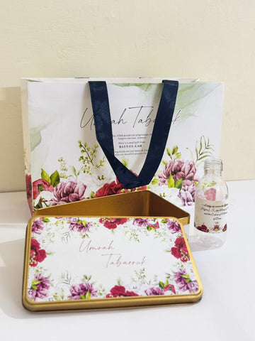 Large Red Floral Set (with Half KG Rectangular Tin Box)- Umrah / Hajj Tabarruk Packaging