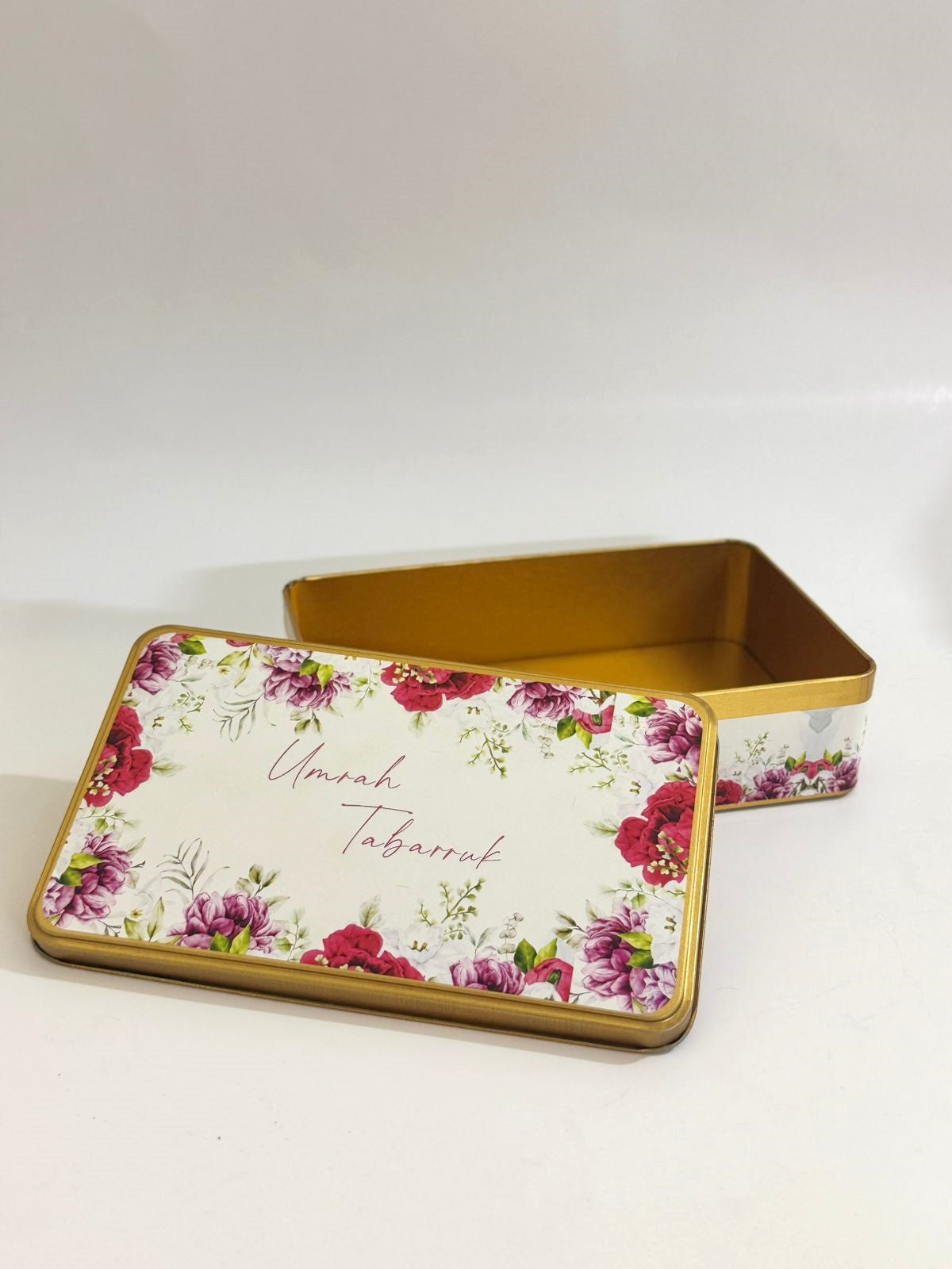 Half Kg (Red Floral) Rectangular Tin Box - Umrah / Hajj Tabarruk