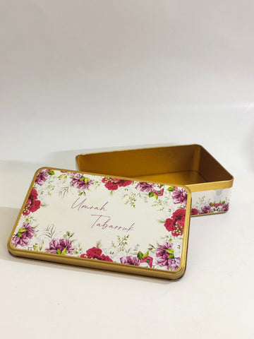 Half Kg (Red Floral) Rectangular Tin Box - Umrah / Hajj Tabarruk