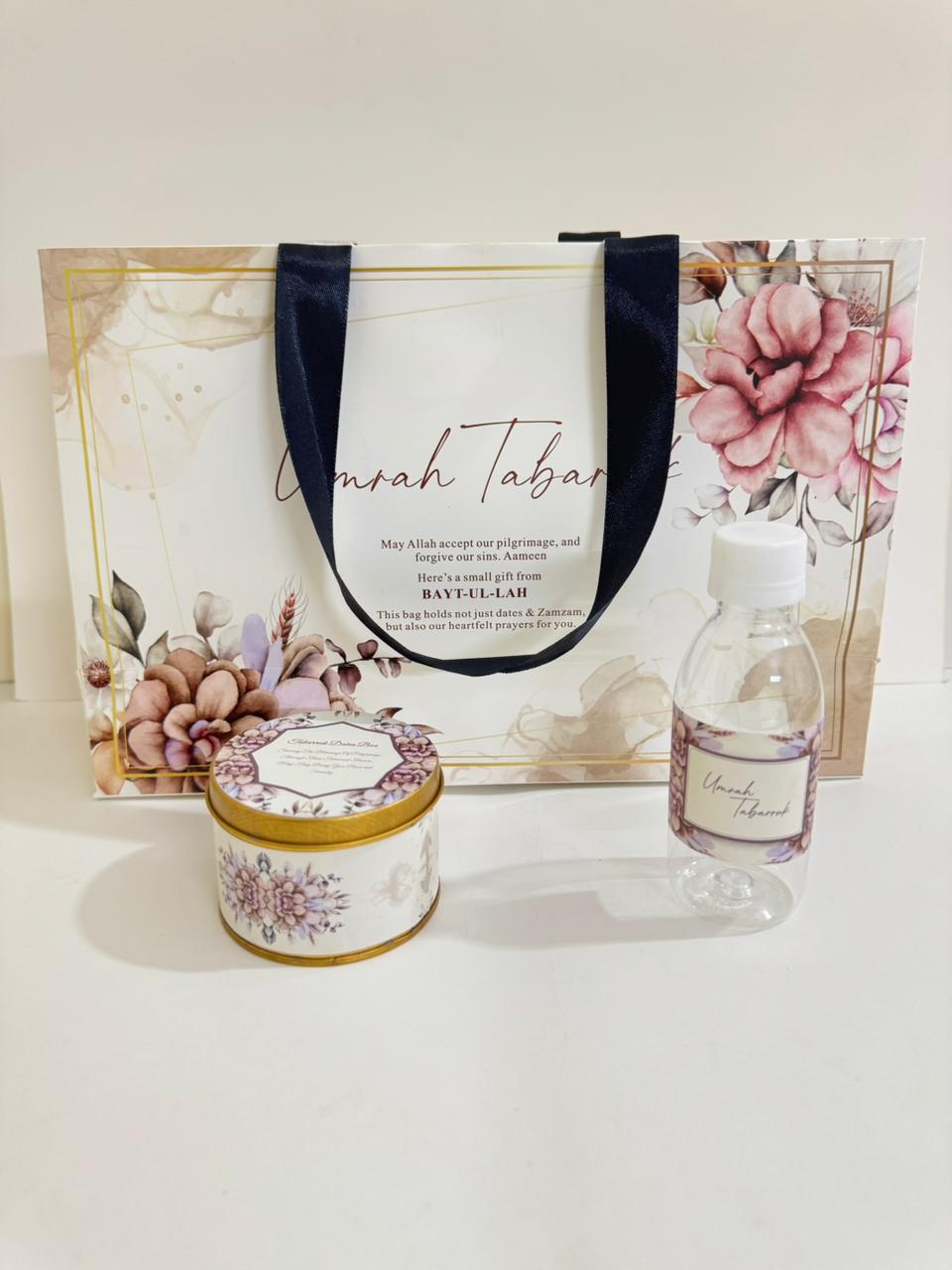 Large Purple Floral Set (with small Tin Box 125g) - Umrah / Hajj Tabarruk Packaging