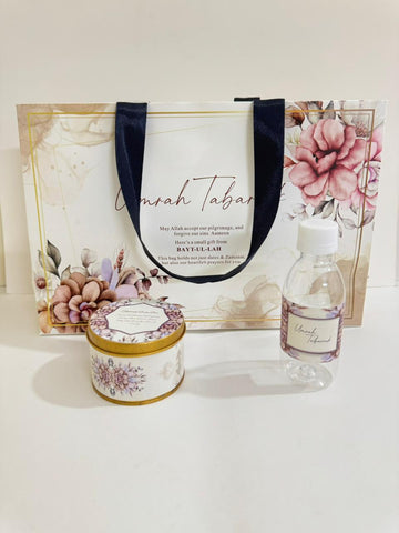 Large Purple Floral Set (with small Tin Box 125g) - Umrah / Hajj Tabarruk Packaging
