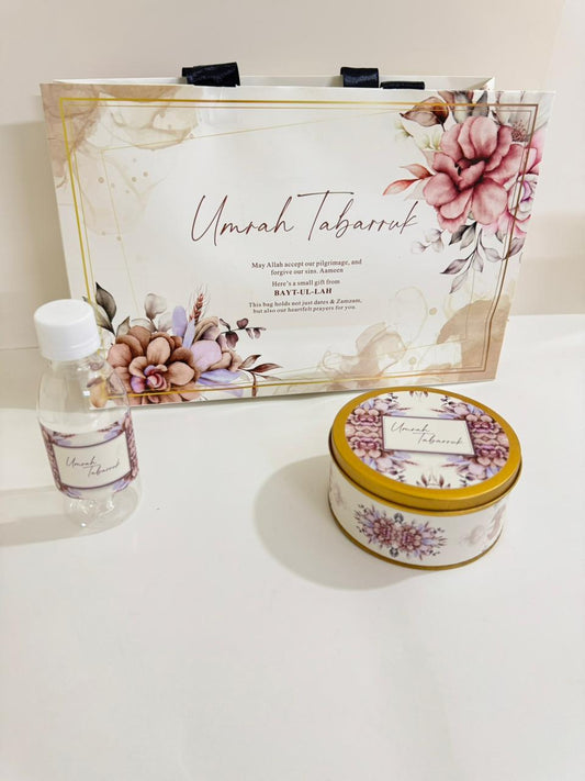 Large Purple Floral Set ( with medium Tin Box)- Umrah / Hajj Tabarruk Packaging