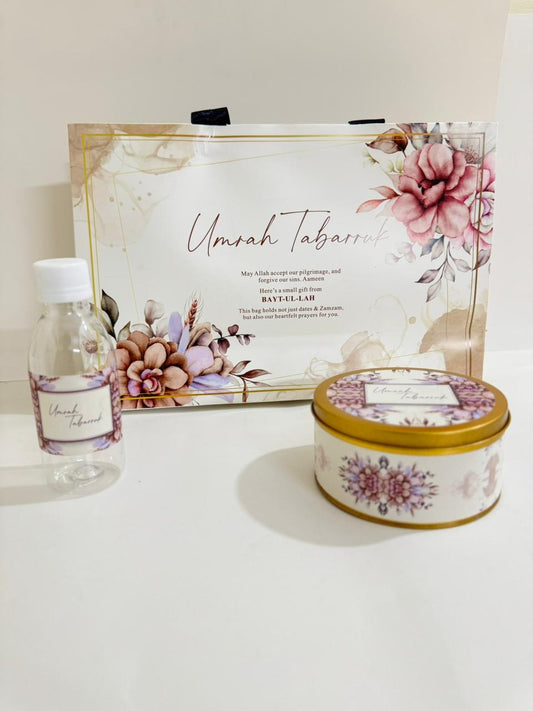 Large Purple Floral Set ( with medium Tin Box)- Umrah / Hajj Tabarruk Packaging