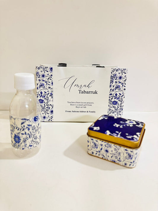 Small Set - Square Tin( Hand Bag Style - Blue Elegant ) - Umrah / Hajj Tabarruk Packaging