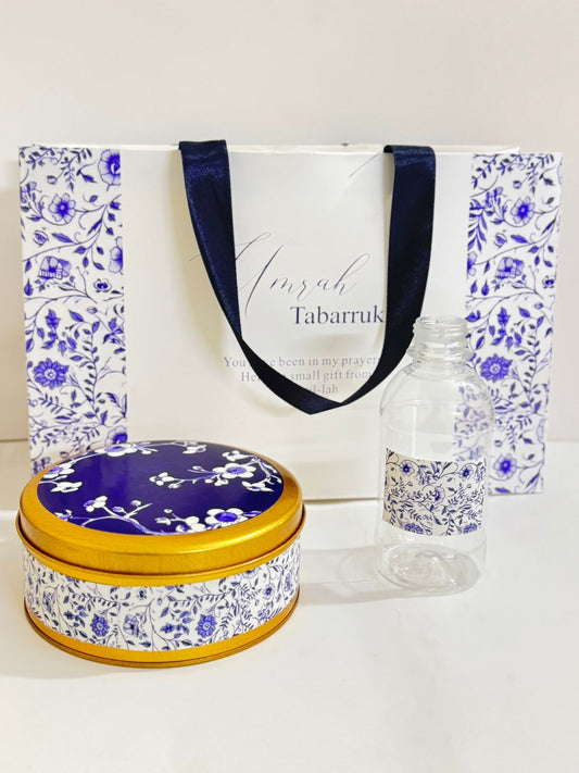 Large Blue Elegant Set (Half KG Tin Box & 250 ml Bottle)- Umrah / Hajj Tabarruk Packaging