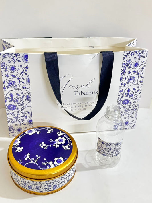 Large Blue Elegant Set (Half KG Tin Box & 250 ml Bottle)- Umrah / Hajj Tabarruk Packaging