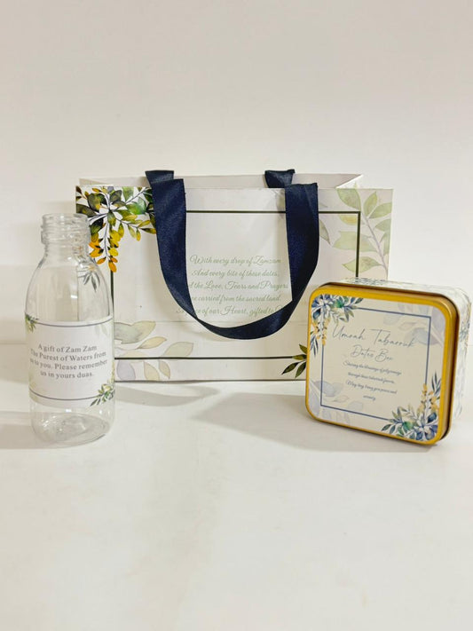 Small Set - Square Tin( Hand Bag Style - Green Floral ) - Umrah / Hajj Tabarruk Packaging