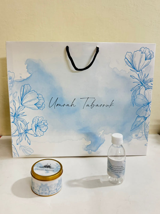 Extra Large Blue Floral Set (with small Tin Box) - Umrah / Hajj Tabarruk Packaging