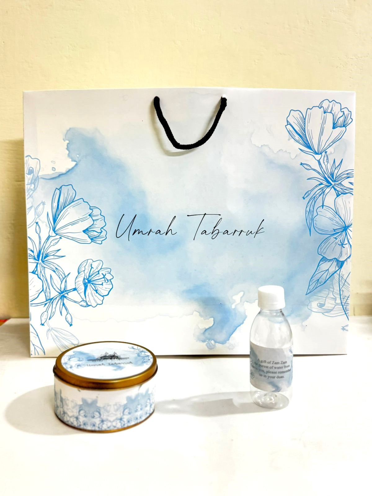 Extra Large Blue Floral Set (with medium 250g Tin Box)  - Umrah / Hajj Tabarruk Packaging