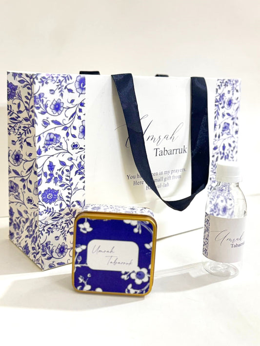 Large Blue Elegant Set (with Square 125g tin box) - Umrah / Hajj Tabarruk Packaging