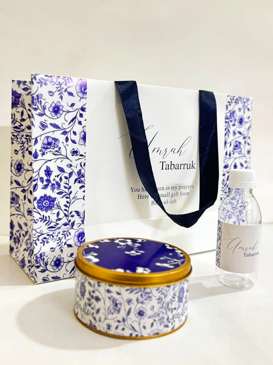Large Elegant Blue Set ( with medium Tin Box)- Umrah / Hajj Tabarruk Packaging