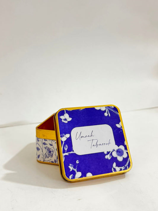 Tin Box Blue Elegant Square - Umrah/Hajj Tabarruk (125g)