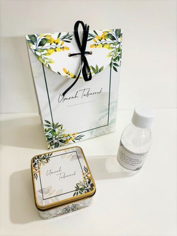 Small Set with Square Tin ( Green Floral ) - Umrah / Hajj Tabarruk Packaging