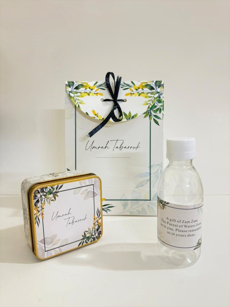 Small Set with Square Tin ( Green Floral ) - Umrah / Hajj Tabarruk Packaging