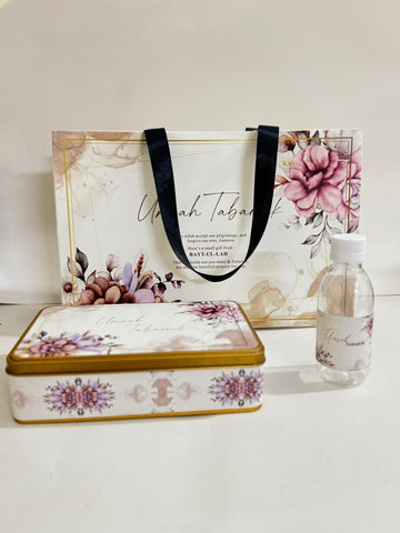 Large Pink Floral Set (with Half KG Rectangular Tin Box)- Umrah / Hajj Tabarruk Packaging