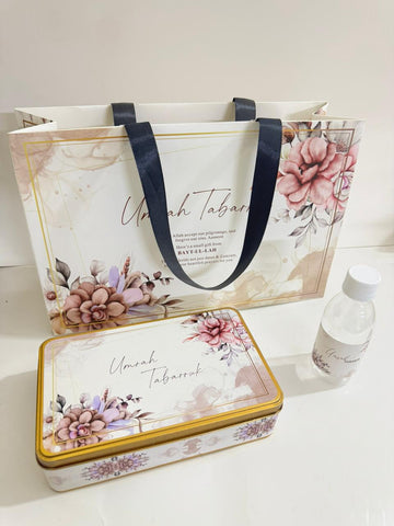 Large Pink Floral Set (with Half KG Rectangular Tin Box)- Umrah / Hajj Tabarruk Packaging
