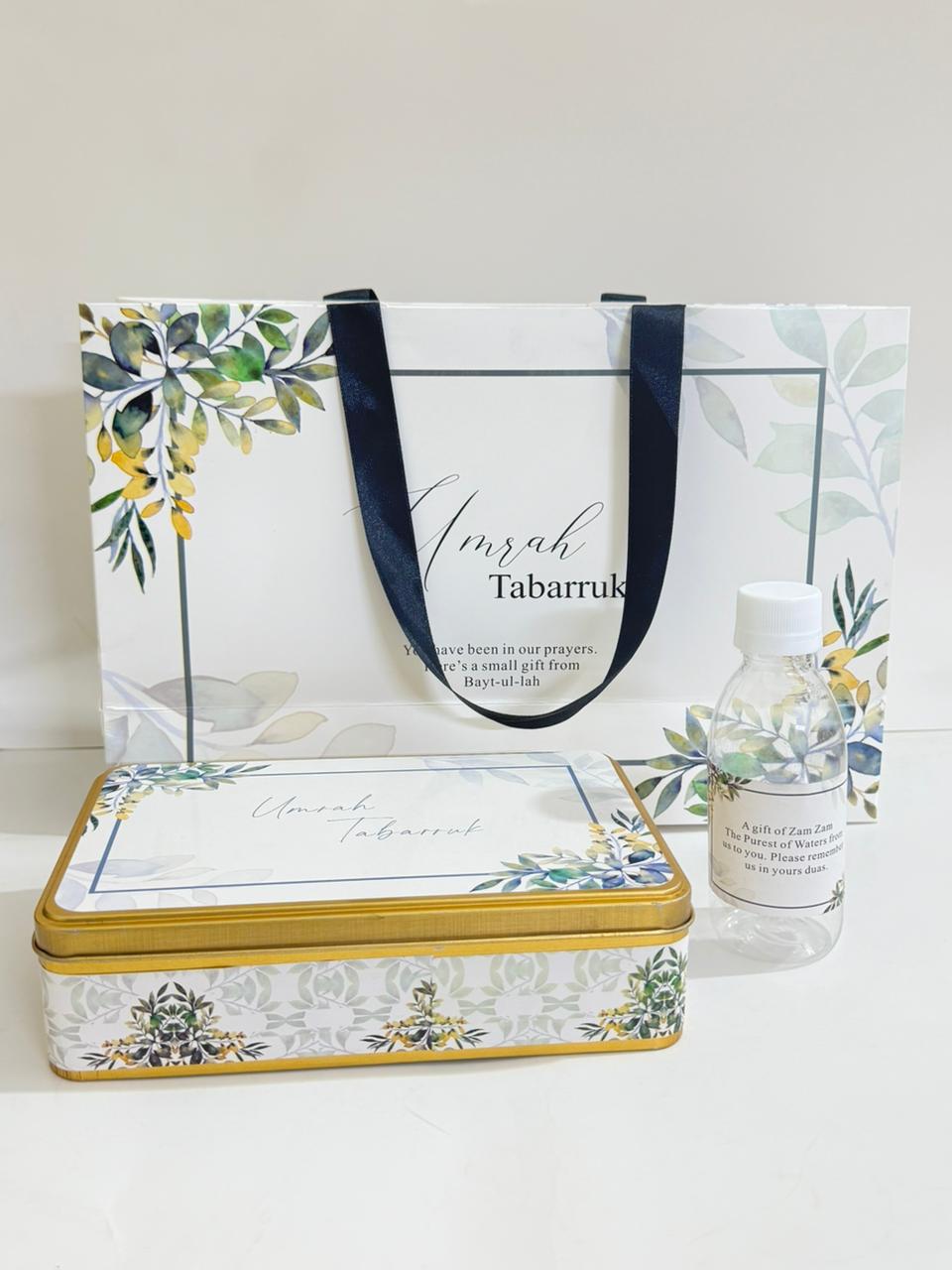 Large Green Floral Set (with Half KG Rectangular Tin Box)- Umrah / Hajj Tabarruk Packaging
