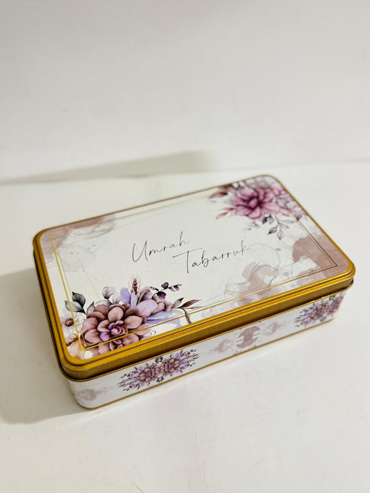 Half KG Rectangular (Purple Floral) Tin Box - Umrah / Hajj Tabarruk
