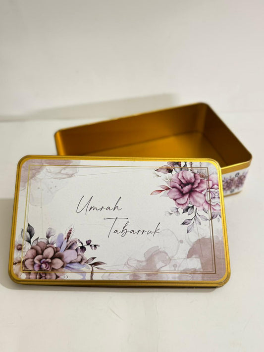 Half KG Rectangular (Purple Floral) Tin Box - Umrah / Hajj Tabarruk