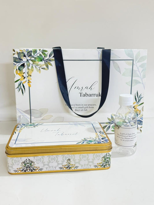 Large Green Floral Set (with Half KG Rectangular Tin Box)- Umrah / Hajj Tabarruk Packaging