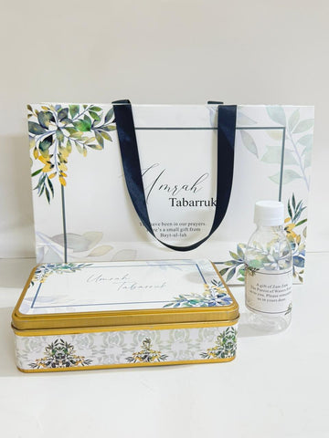 Large Green Floral Set (with Half KG Rectangular Tin Box)- Umrah / Hajj Tabarruk Packaging