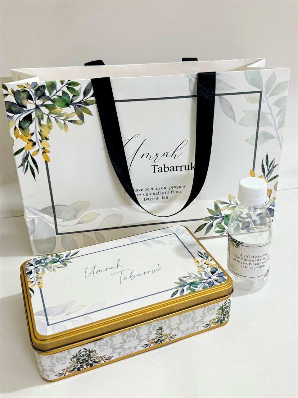 Large Green Floral Set (with Half KG Rectangular Tin Box)- Umrah / Hajj Tabarruk Packaging