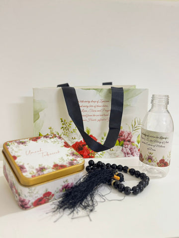 Small Set - Square Tin & Tasbeeh ( Hand Bag Style - Red Floral ) - Umrah / Hajj Tabarruk Packaging