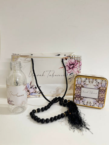 Small Set - Square Tin & Tasbeeh ( Hand Bag Style - Purple Floral ) - Umrah / Hajj Tabarruk Packaging