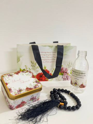 Small Set - Square Tin & Tasbeeh ( Hand Bag Style - Red Floral ) - Umrah / Hajj Tabarruk Packaging