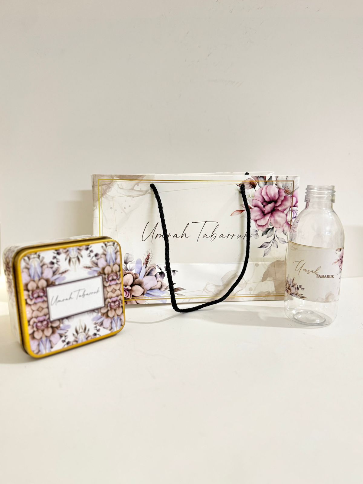 Small Set - Square Tin( Hand Bag Style - Purple Floral ) - Umrah / Hajj Tabarruk Packaging