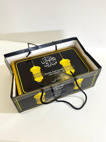 Ramadan Mubarik Set - Black Rectangular Half Kg Bag & Tin Box (Pack of 10)