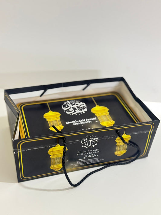 Ramadan Mubarik Set - Black Rectangular Half Kg Bag & Tin Box (Pack of 10)