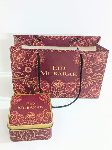 Small Eid Mubarak Set (Bag & 125g Tin Box ) Square Tin Box (Maroon/ Mehroon/ Red Floral) Pack Of 6
