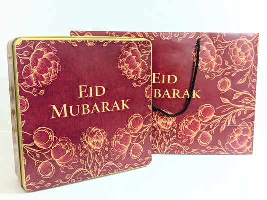 Large Eid Mubarak Set (Tin Box & Bag) 1 KG Rectangular Tin (Maroon/ Mehroon/ Red Floral) - Pack Of 6