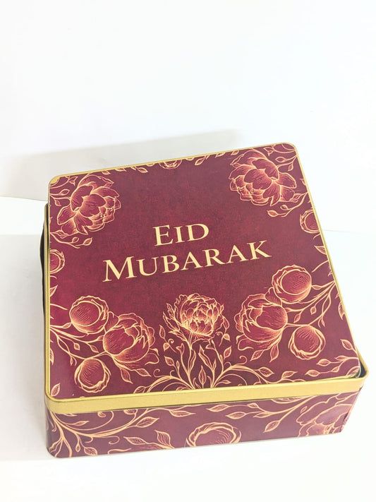 Eid Mubarak 1 KG Rectangular Tin (Maroon/ Mehroon/ Red Floral) - Pack Of 6