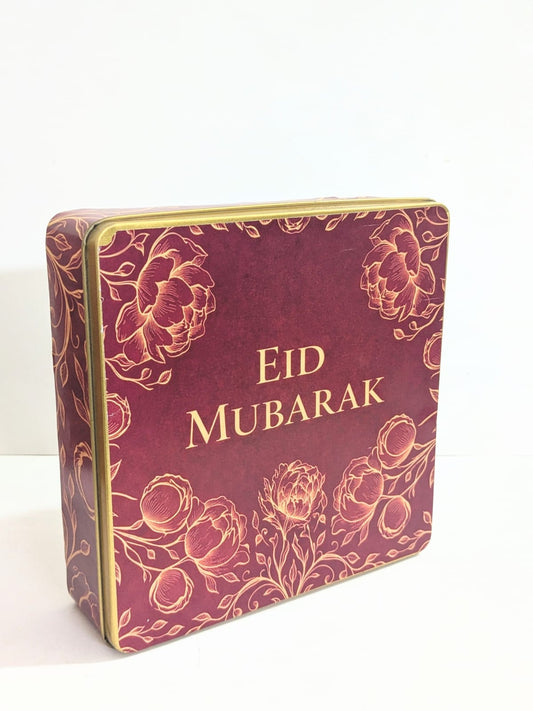 Eid Mubarak 1 KG Rectangular Tin (Maroon/ Mehroon/ Red Floral) - Pack Of 6
