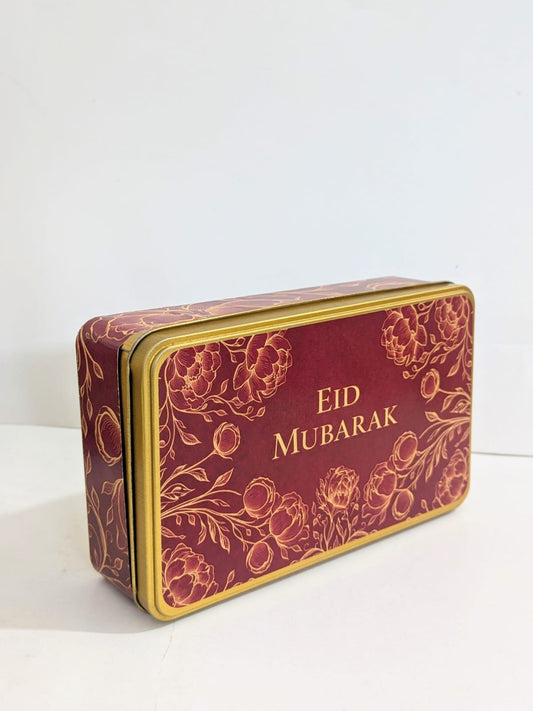 Eid Mubarak Half KG Rectangular Tin (Maroon/ Mehroon/ Red Floral) - Pack Of 6