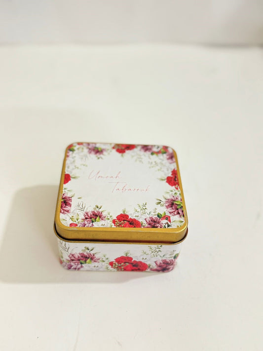 Tin Box Red Floral Square - Umrah/Hajj Tabarruk (125g)