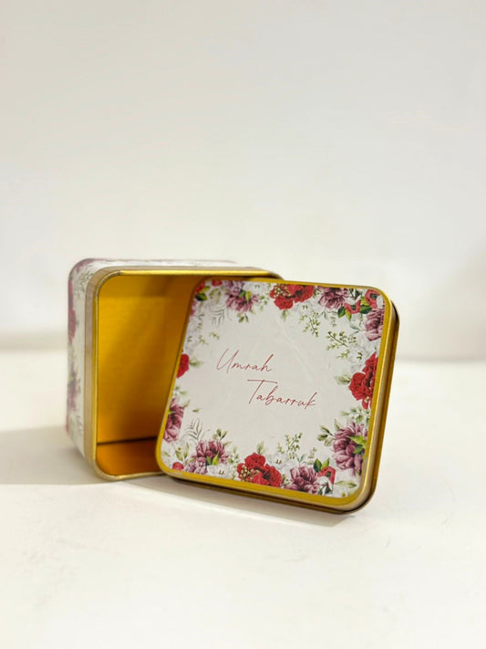 Tin Box Red Floral Square - Umrah/Hajj Tabarruk (125g)