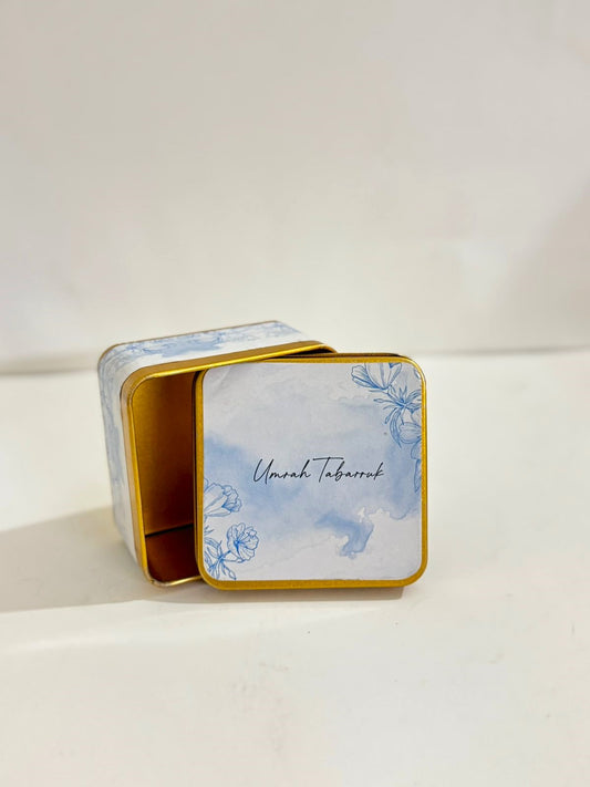 Tin Box Blue Floral Square - Umrah/Hajj Tabarruk (125g)