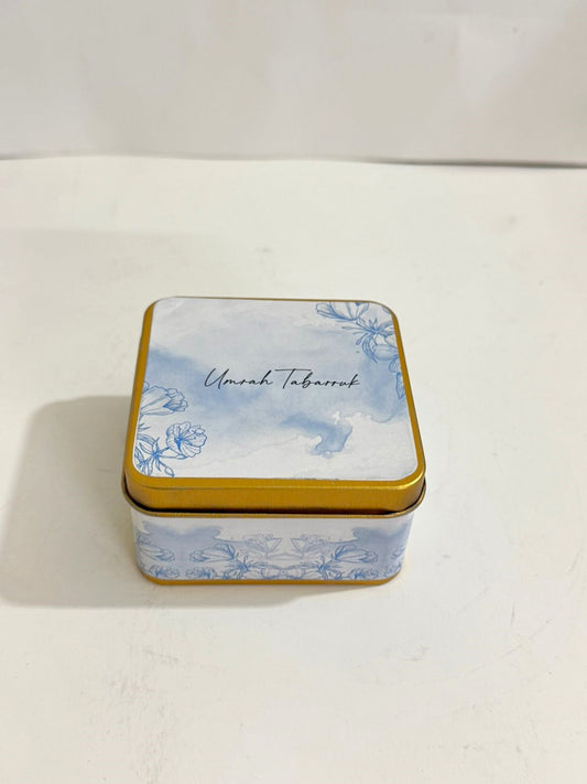 Tin Box Blue Floral Square - Umrah/Hajj Tabarruk (125g)