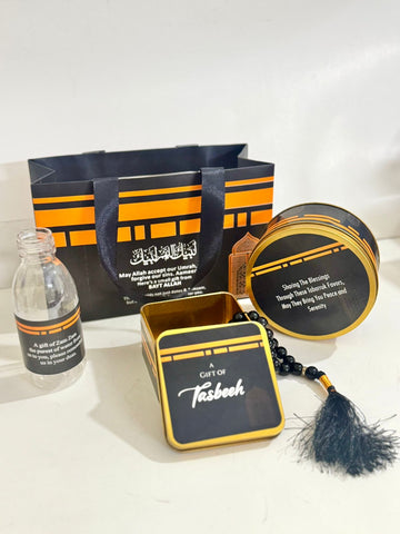 Medium Set (Hand Bag Style) Black - with Square Tin and Tasbeeh - Umrah / Hajj Tabarruk Packaging