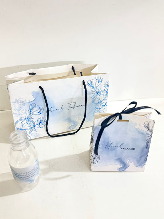 Medium Set Blue Floral - (Hand Bag Style with Pouch)- Umrah / Hajj Tabarruk Packaging