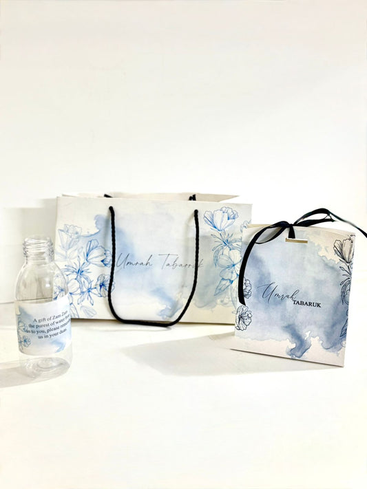 Medium Set Blue Floral - (Hand Bag Style with Pouch)- Umrah / Hajj Tabarruk Packaging