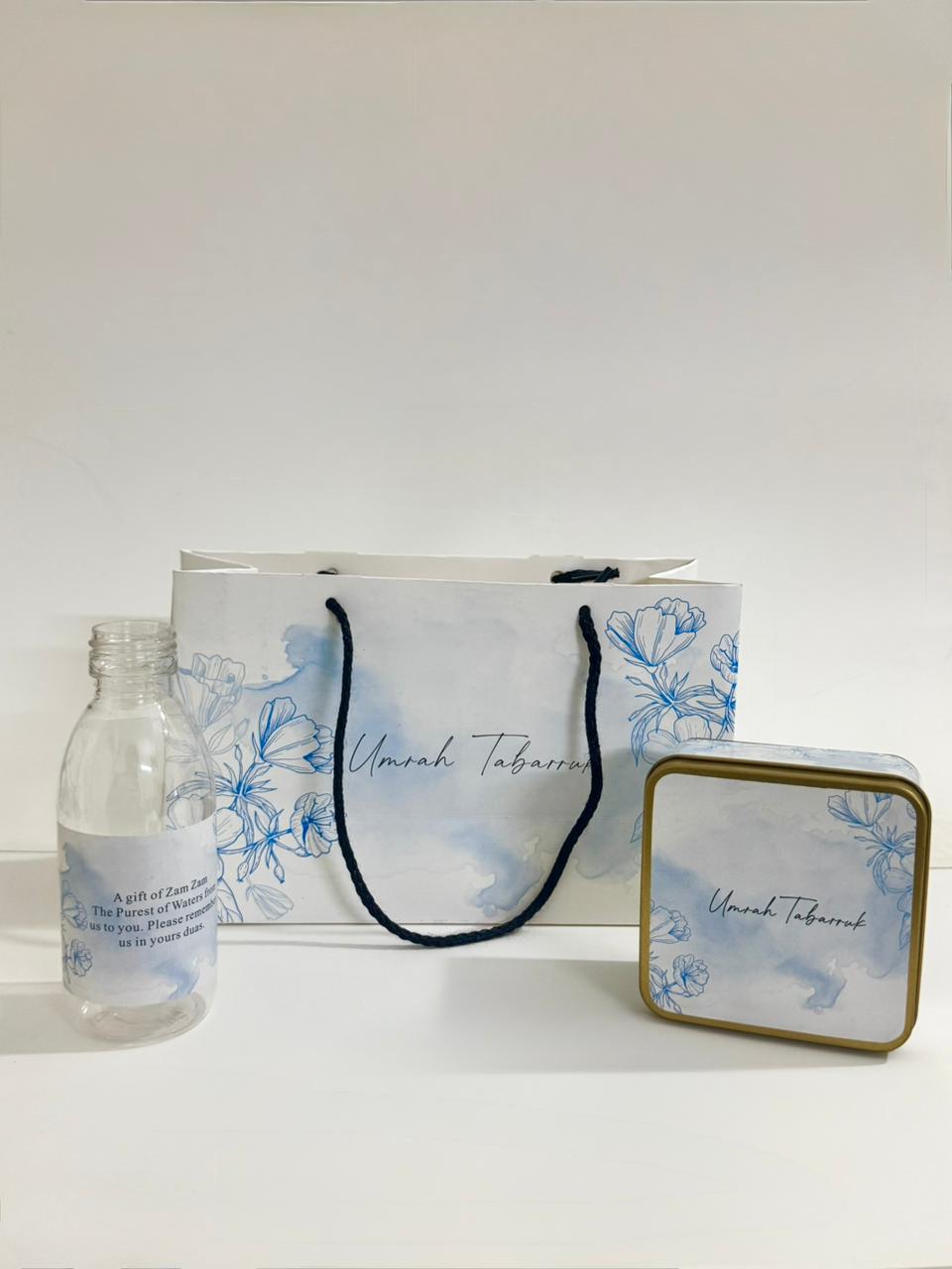 Small Set - Square Tin( Hand Bag Style - Light Blue ) - Umrah / Hajj Tabarruk Packaging