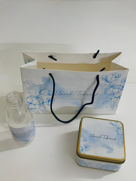 Small Set - Square Tin( Hand Bag Style - Light Blue ) - Umrah / Hajj Tabarruk Packaging