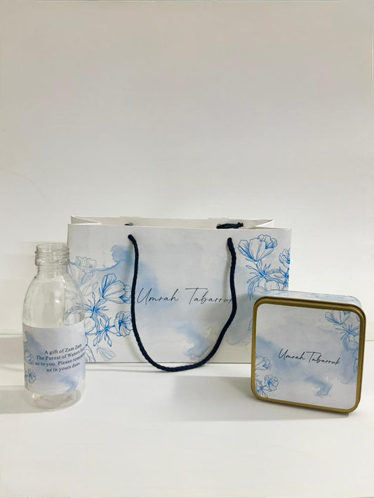 Small Set - Square Tin( Hand Bag Style - Light Blue ) - Umrah / Hajj Tabarruk Packaging