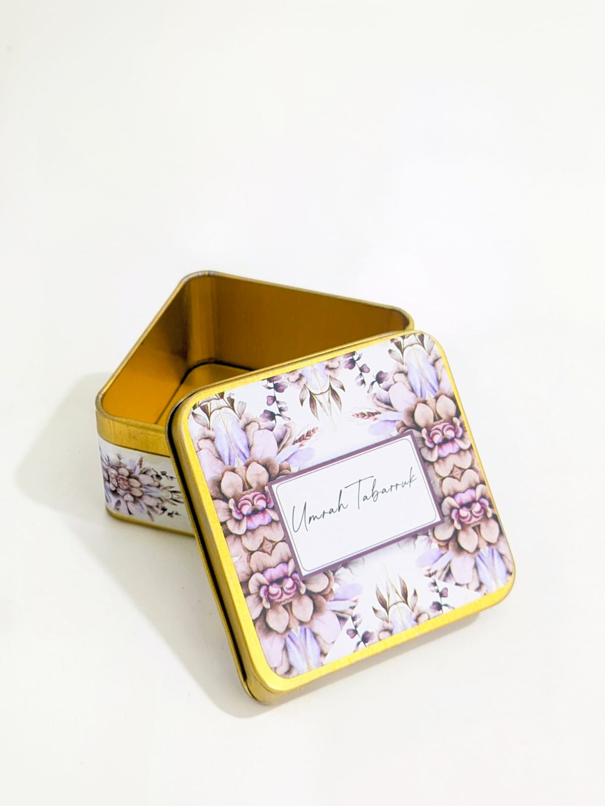Square Tin Box ( Purple Floral )  - Umrah/Hajj Tabarruk (125g)